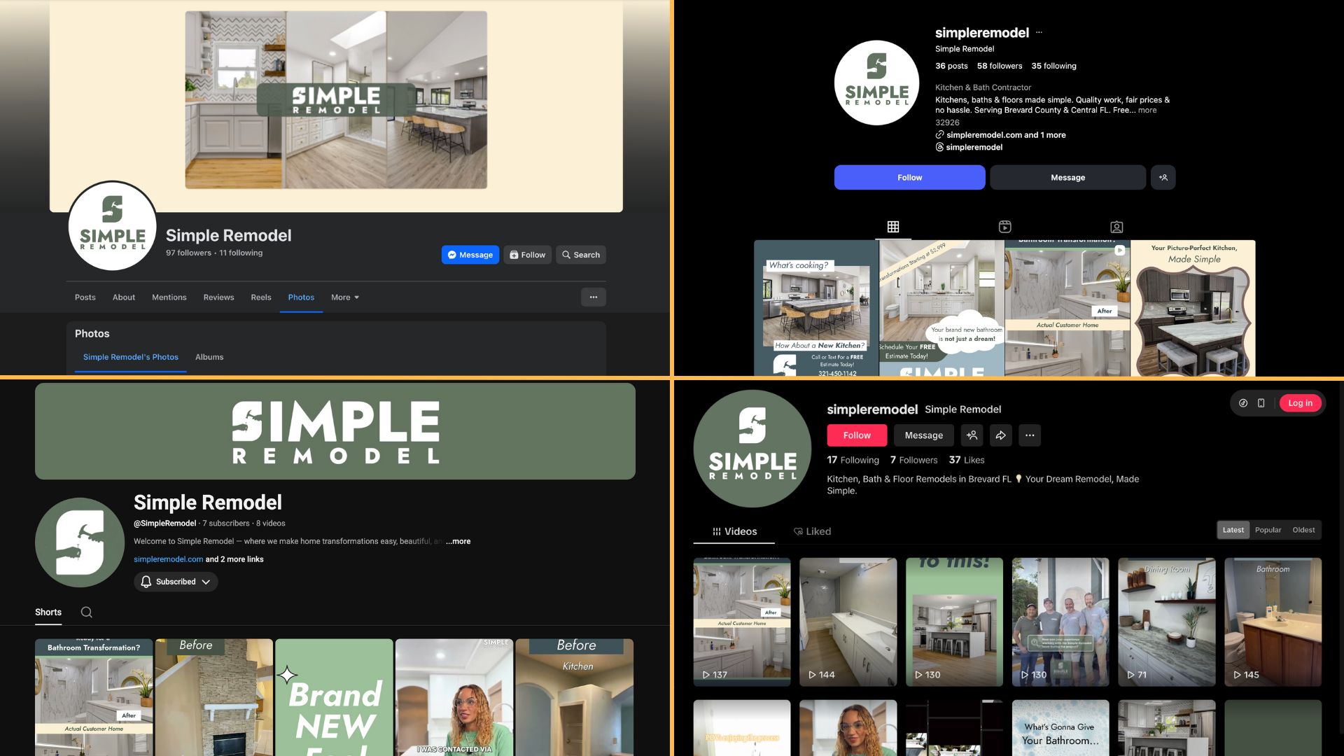 screenshots of Simple Remodel's Facebook, Instagram, TikTok, and YouTube platforms